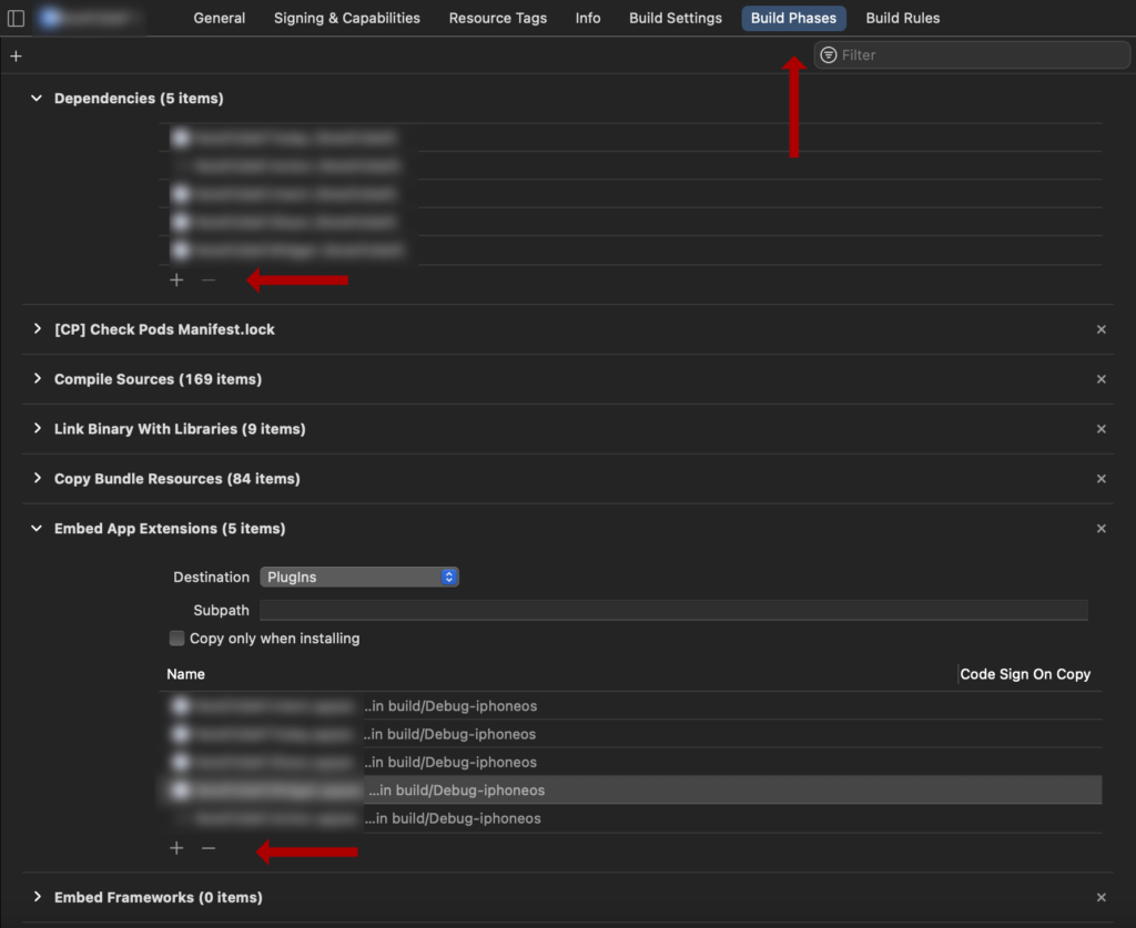 screenshot of xcodes build phase settings